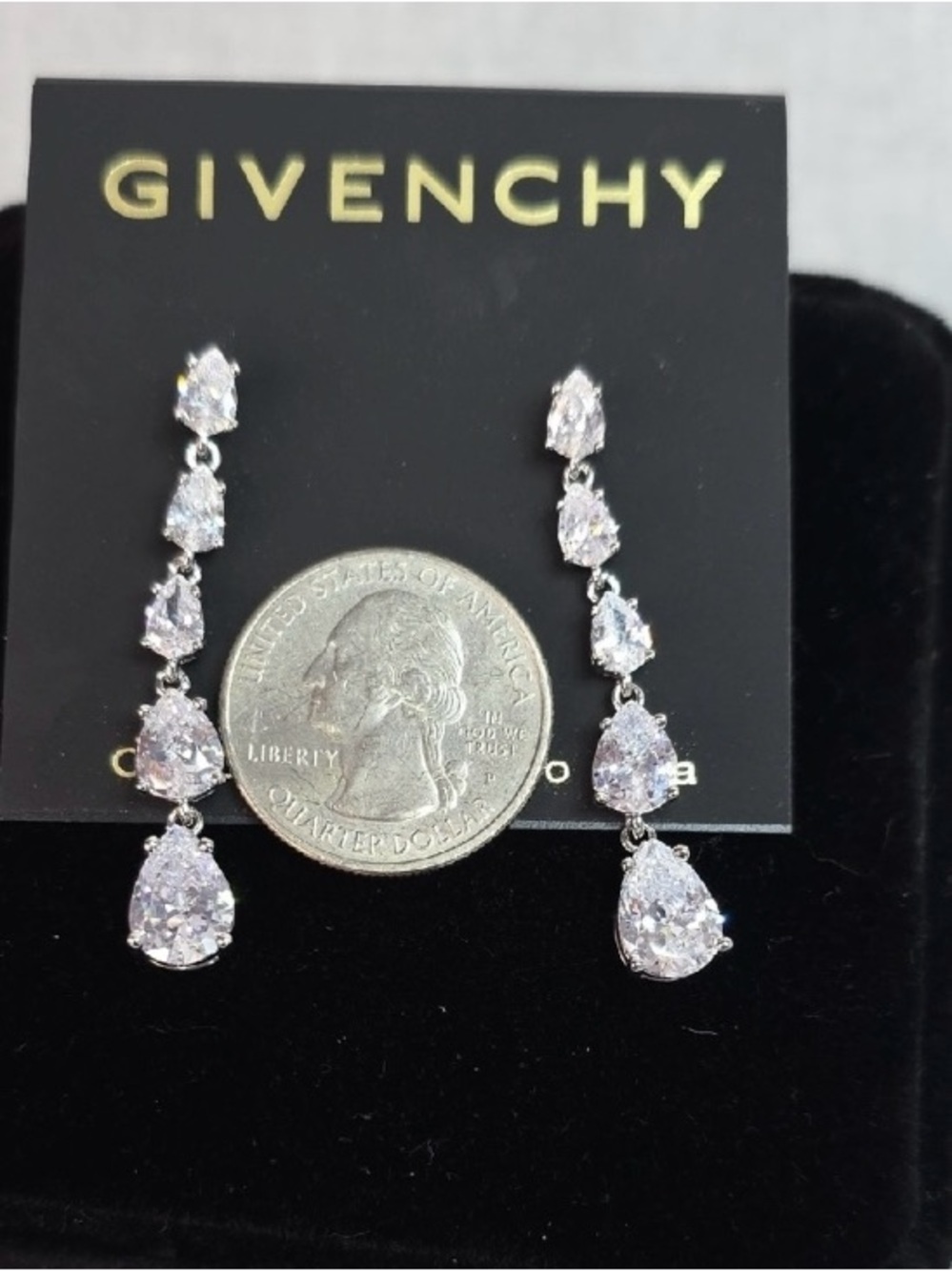Givenchy Silver Teardrop Linear CZ Earrings - White Crystal- NWT - Picture 6 of 7